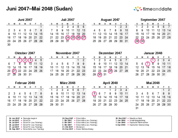 Kalender für 2047 in Sudan
