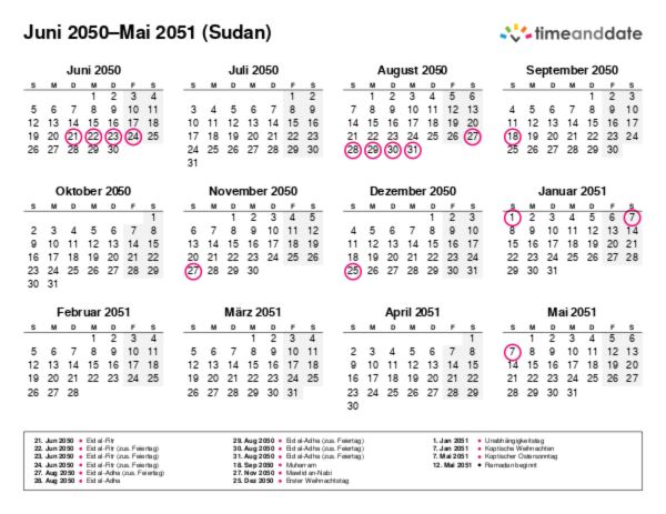 Kalender für 2050 in Sudan