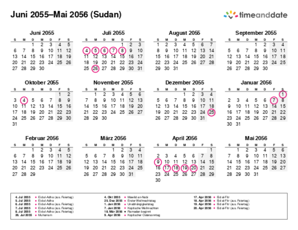 Kalender für 2055 in Sudan