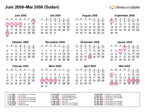 Kalender für 2058 in Sudan