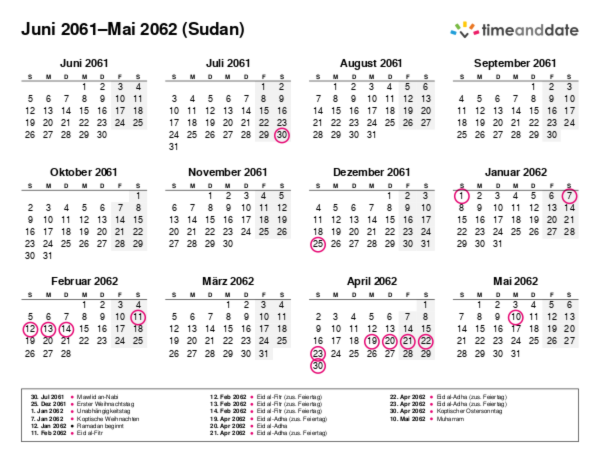 Kalender für 2061 in Sudan