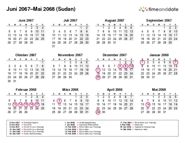 Kalender für 2067 in Sudan