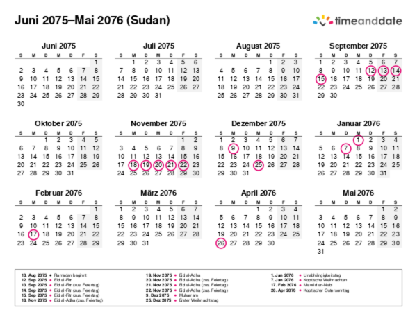 Kalender für 2075 in Sudan
