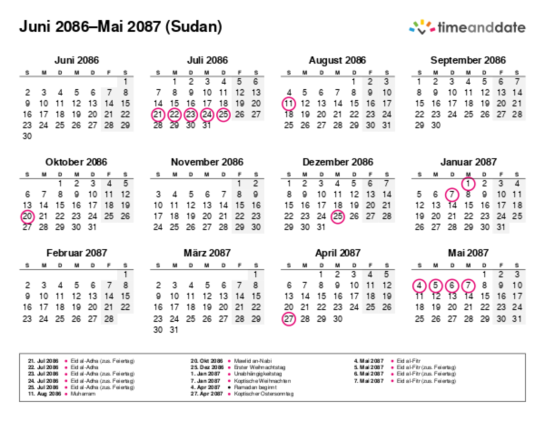 Kalender für 2086 in Sudan