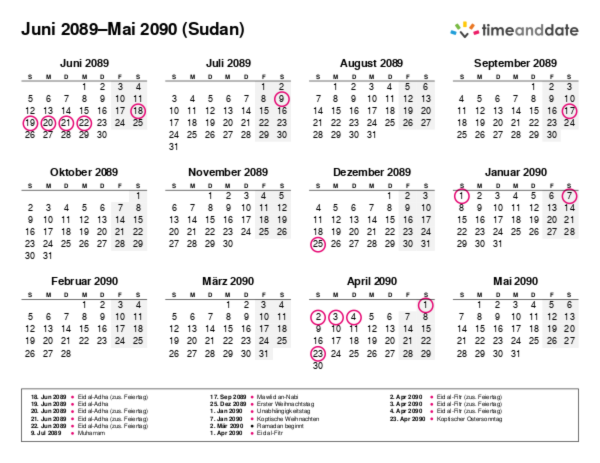 Kalender für 2089 in Sudan