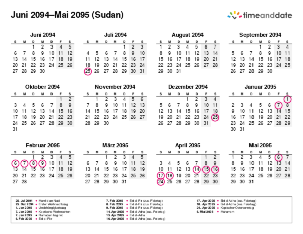 Kalender für 2094 in Sudan