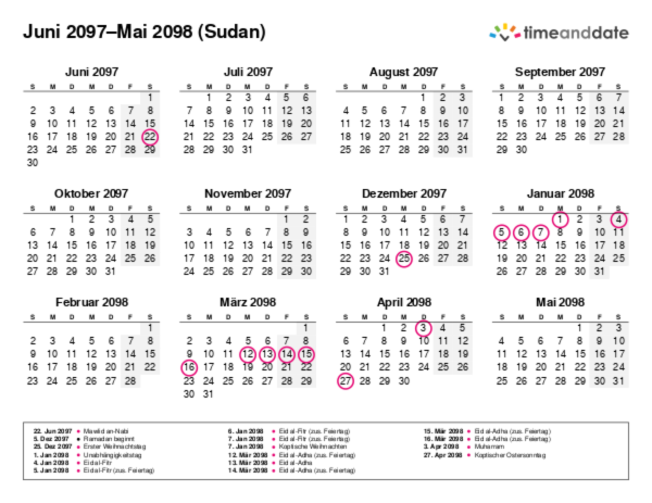 Kalender für 2097 in Sudan