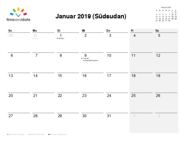 Kalender für 2019 in Südsudan
