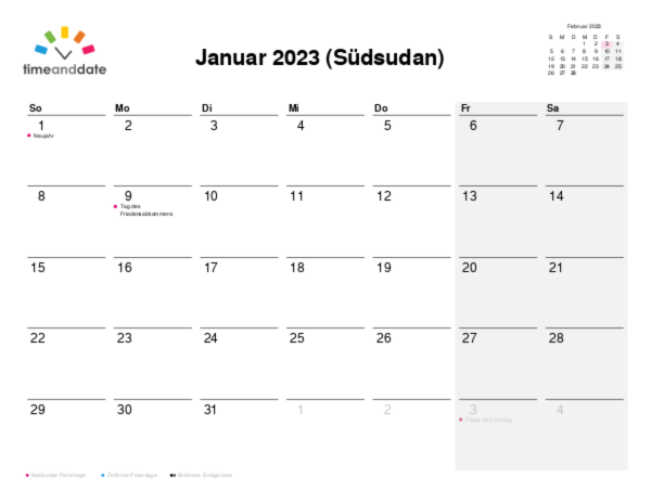 Kalender für 2023 in Südsudan