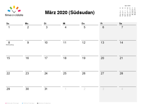 Kalender für 2020 in Südsudan