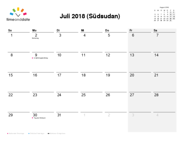 Kalender für 2018 in Südsudan