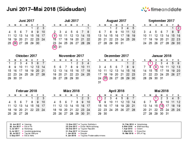 Kalender für 2017 in Südsudan
