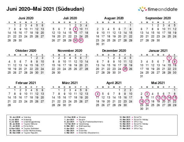 Kalender für 2020 in Südsudan