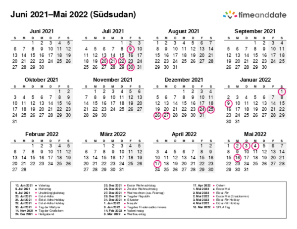 Kalender für 2021 in Südsudan