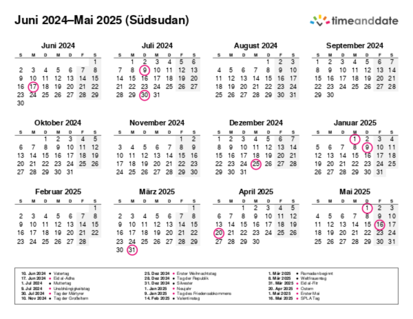 Kalender für 2024 in Südsudan