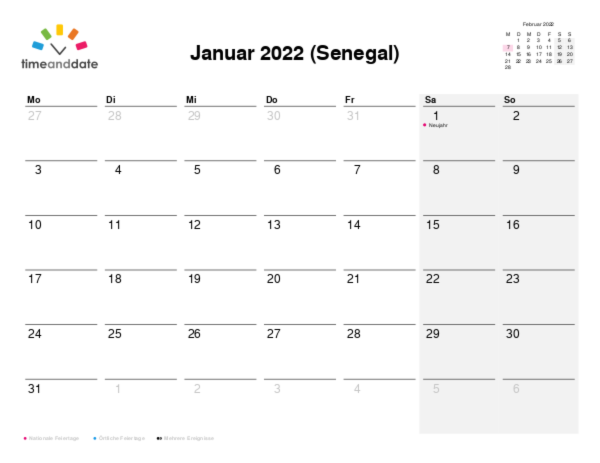 Kalender für 2022 in Senegal