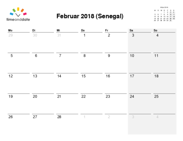 Kalender für 2018 in Senegal