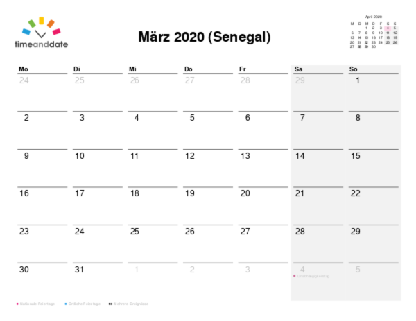 Kalender für 2020 in Senegal