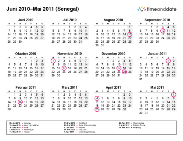 Kalender für 2010 in Senegal