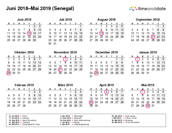 Kalender für 2018 in Senegal