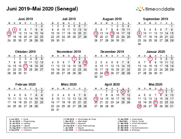 Kalender für 2019 in Senegal