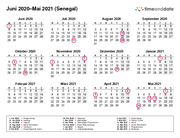 Kalender für 2020 in Senegal