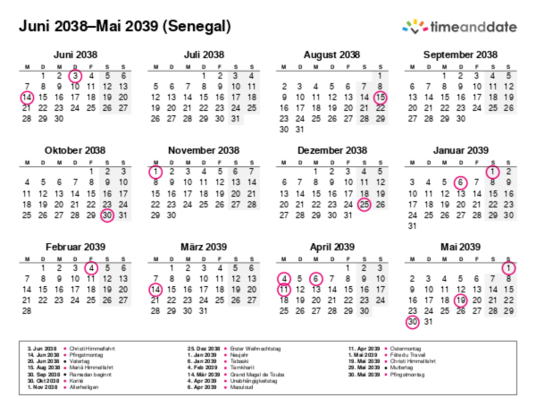 Kalender für 2038 in Senegal