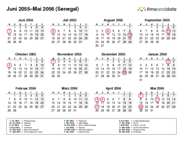 Kalender für 2055 in Senegal