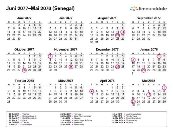 Kalender für 2077 in Senegal