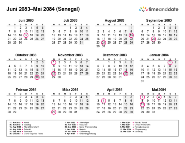Kalender für 2083 in Senegal