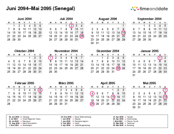 Kalender für 2094 in Senegal
