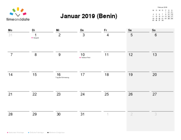 Kalender für 2019 in Benin