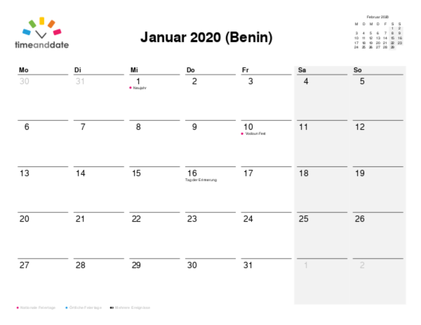 Kalender für 2020 in Benin