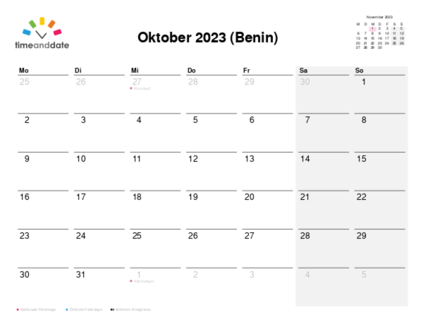Kalender für 2023 in Benin