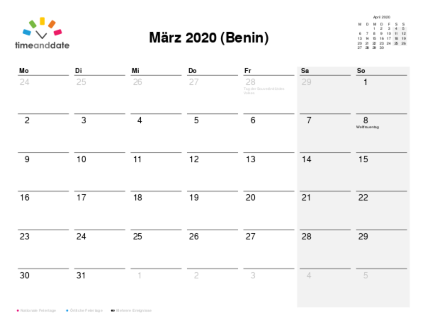 Kalender für 2020 in Benin