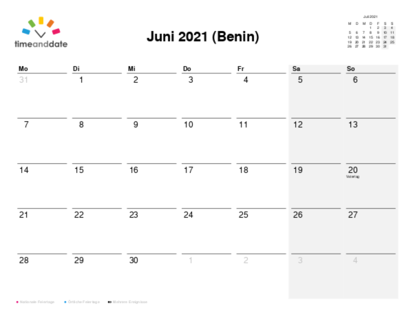 Kalender für 2021 in Benin