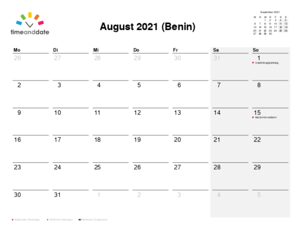 Kalender für 2021 in Benin