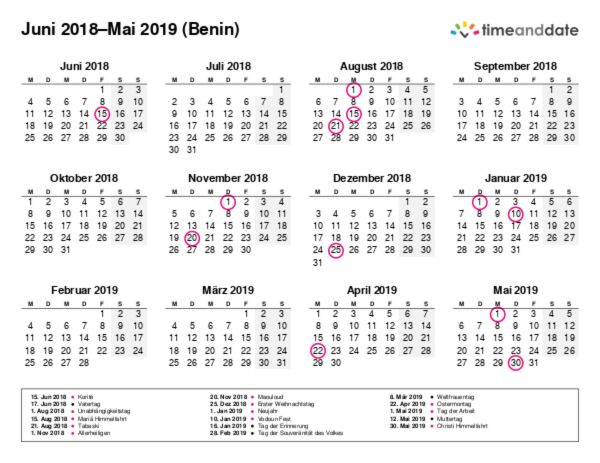 Kalender für 2018 in Benin