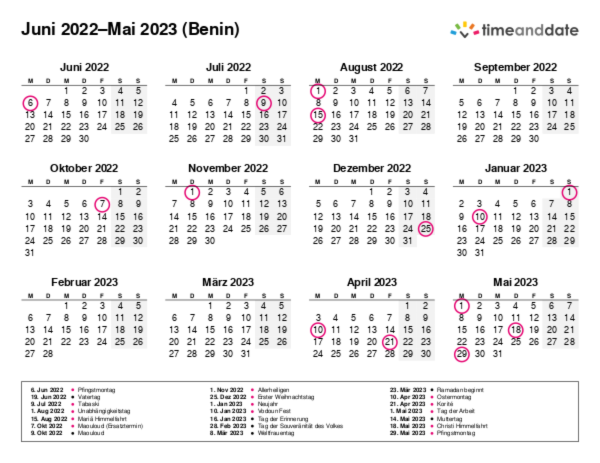 Kalender für 2022 in Benin
