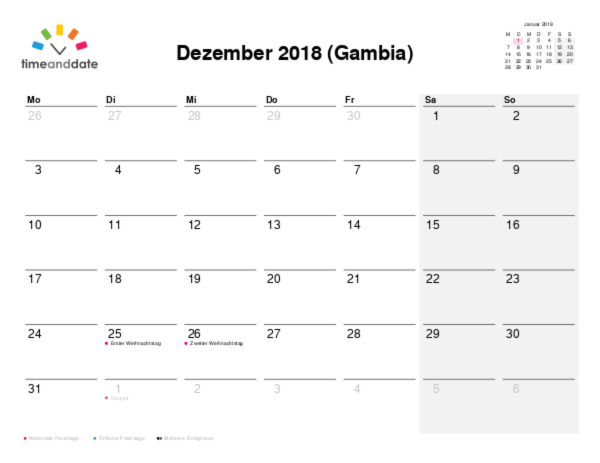 Kalender für 2018 in Gambia