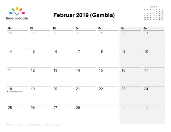 Kalender für 2019 in Gambia