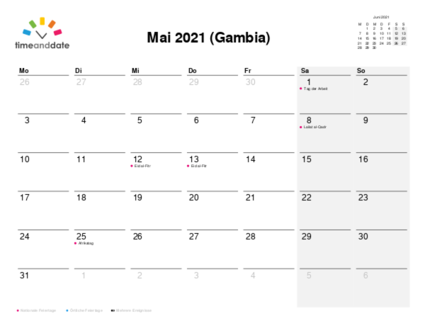 Kalender für 2021 in Gambia