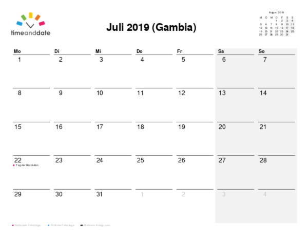 Kalender für 2019 in Gambia
