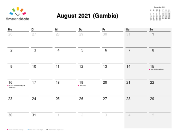 Kalender für 2021 in Gambia