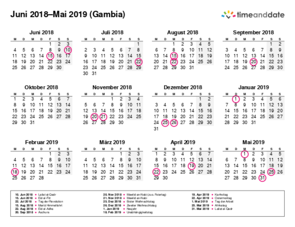 Kalender für 2018 in Gambia