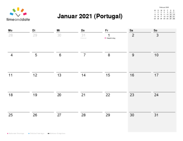 Kalender für 2021 in Portugal