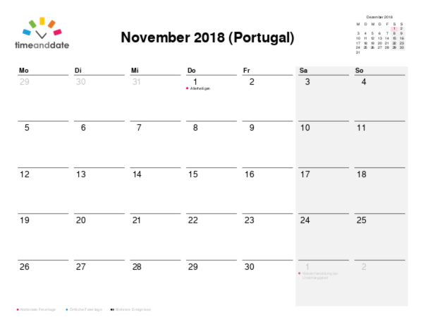 Kalender für 2018 in Portugal