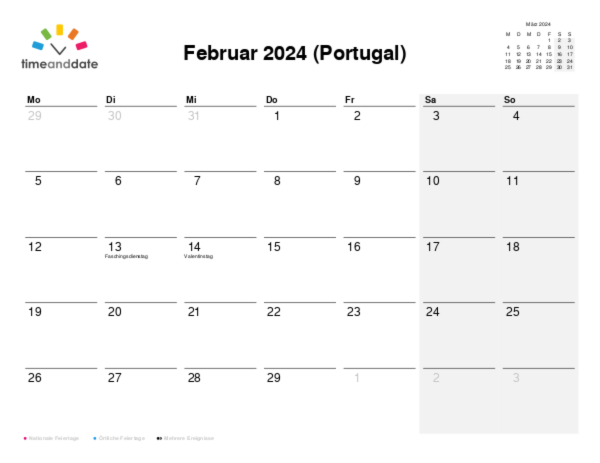 Kalender für 2024 in Portugal