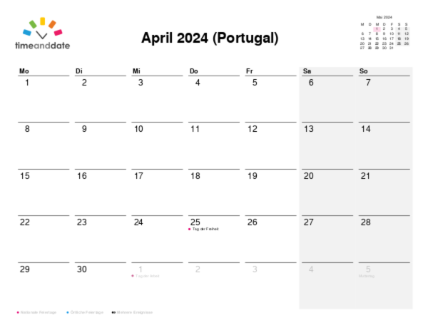 Kalender für 2024 in Portugal