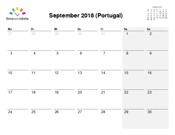 Kalender für 2018 in Portugal